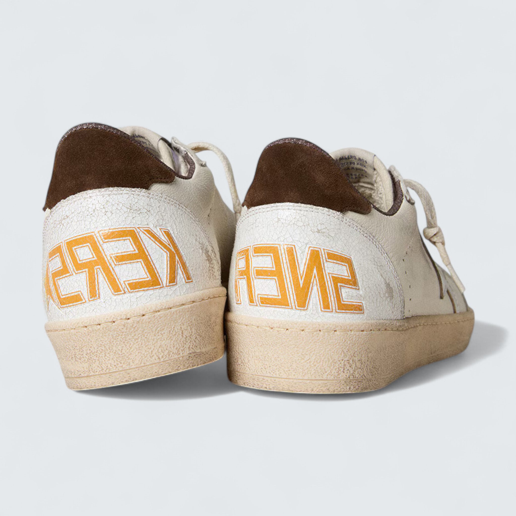 Ball Star LTD 'White Nappa Leather with Silver Metallic Leather Star and Brown Suede Heel Tab'