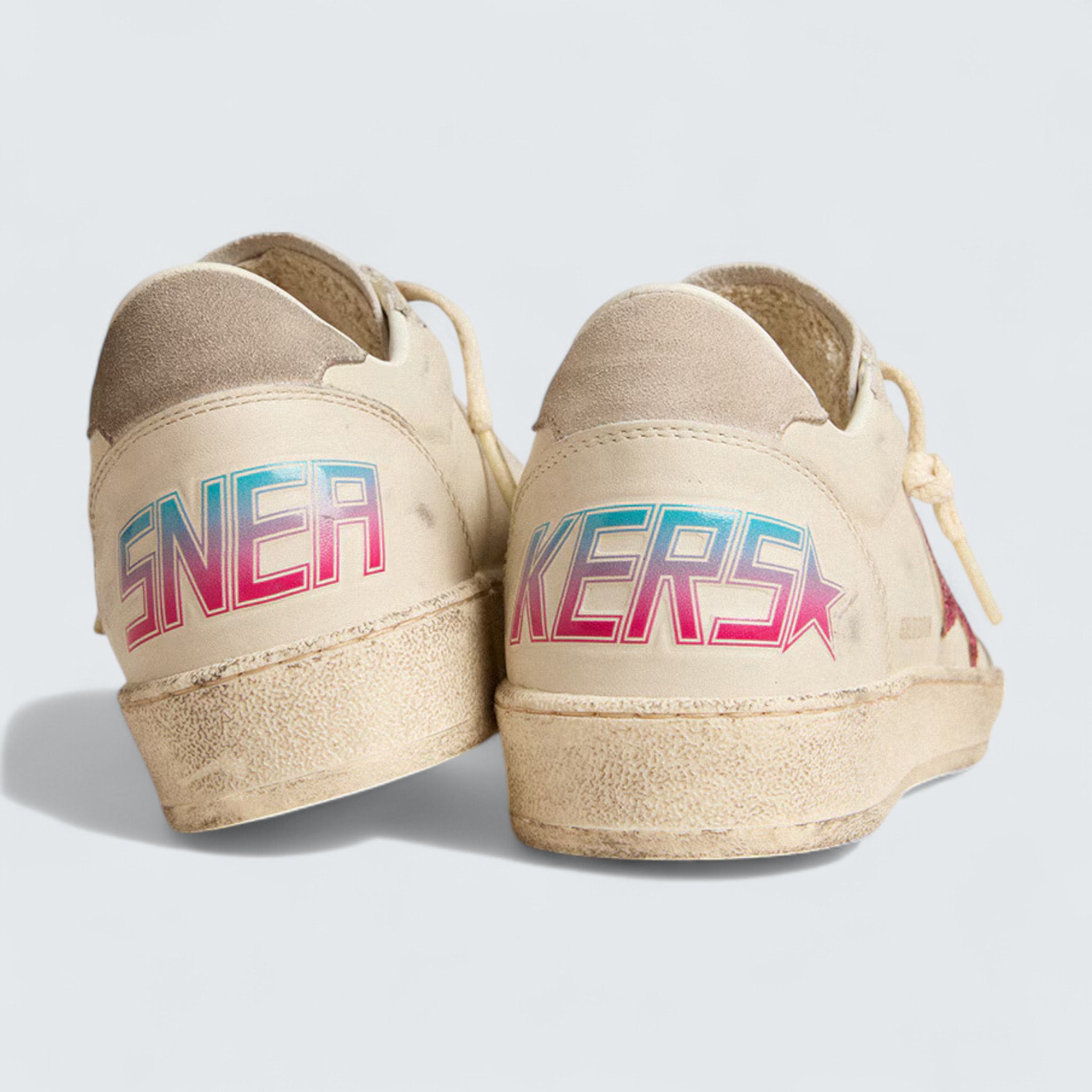Ball Star LTD 'Worn White Leather with Fuchsia Glitter Star and Light Gray Suede Heel Tab'