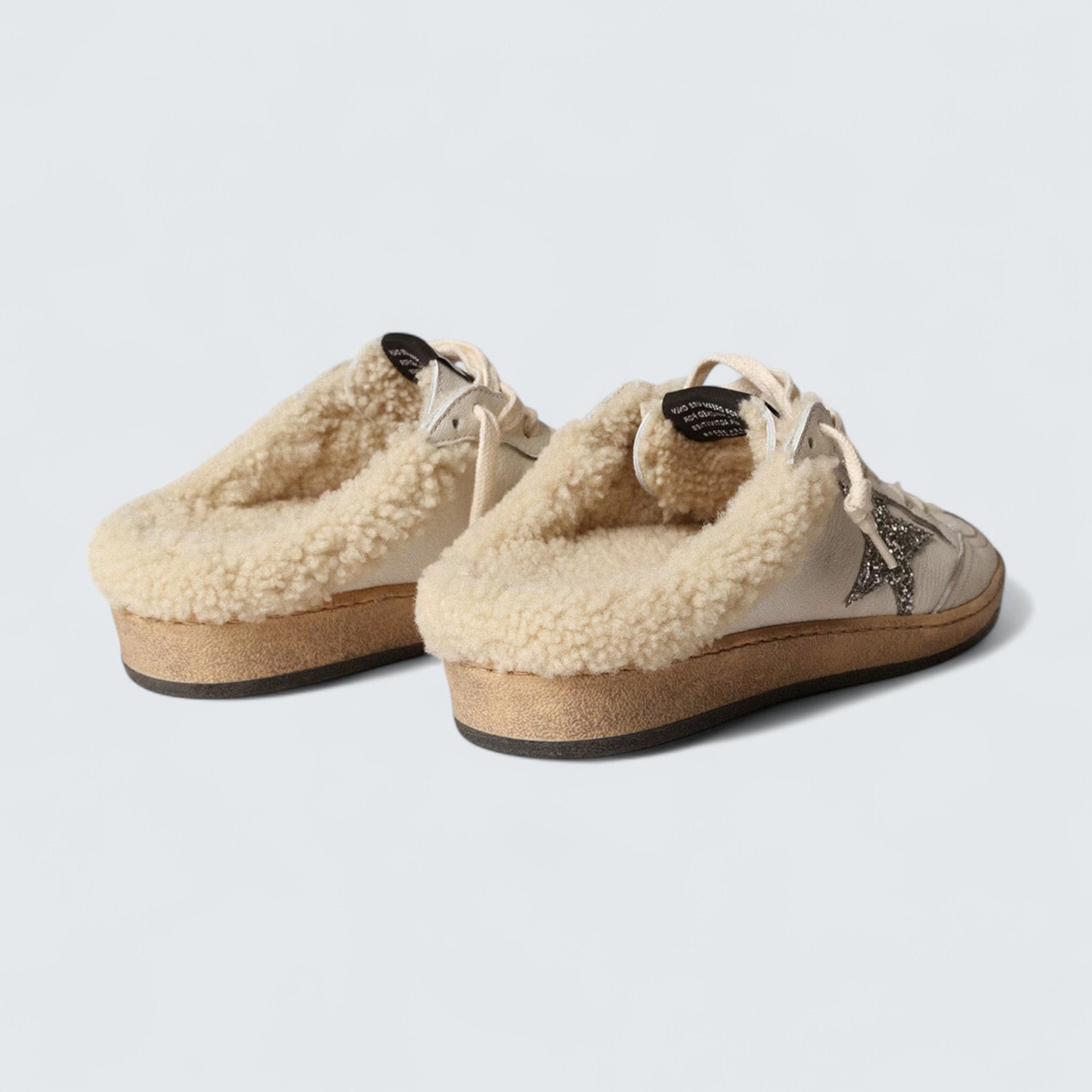 Ball Star Sabot 'White Nappa with Silver Glitter Star and Shearling Lining'