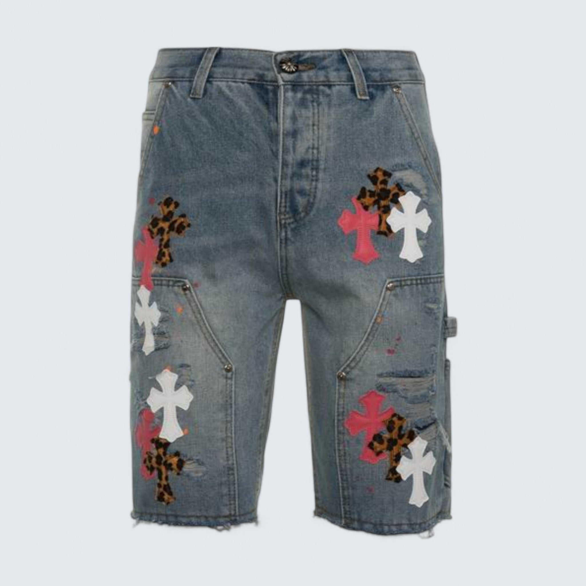 Leopard Multi Cross Patch Denim Shorts
