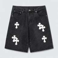 White Cross Patch Denim Shorts
