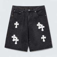 White Cross Patch Denim Shorts