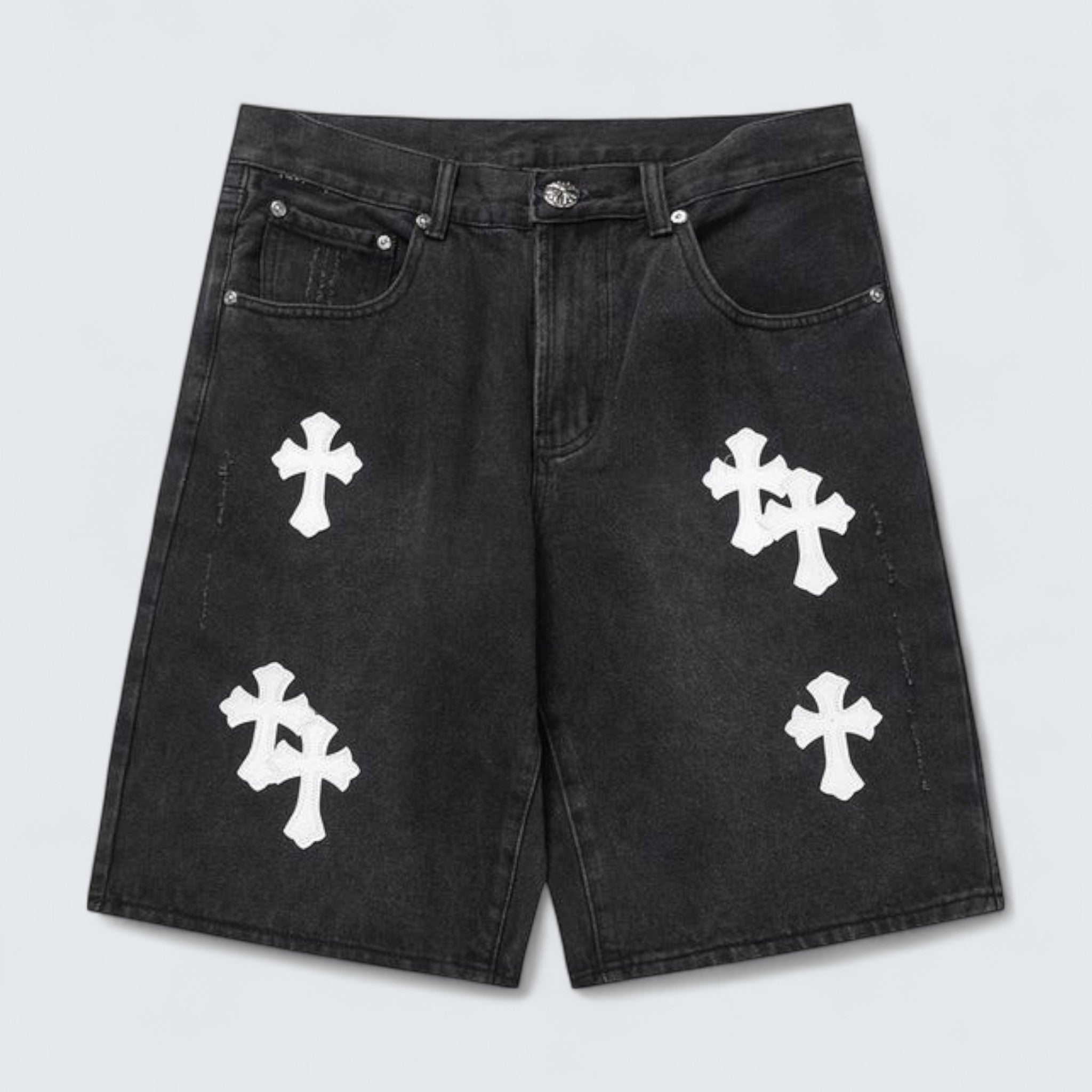 White Cross Patch Denim Shorts