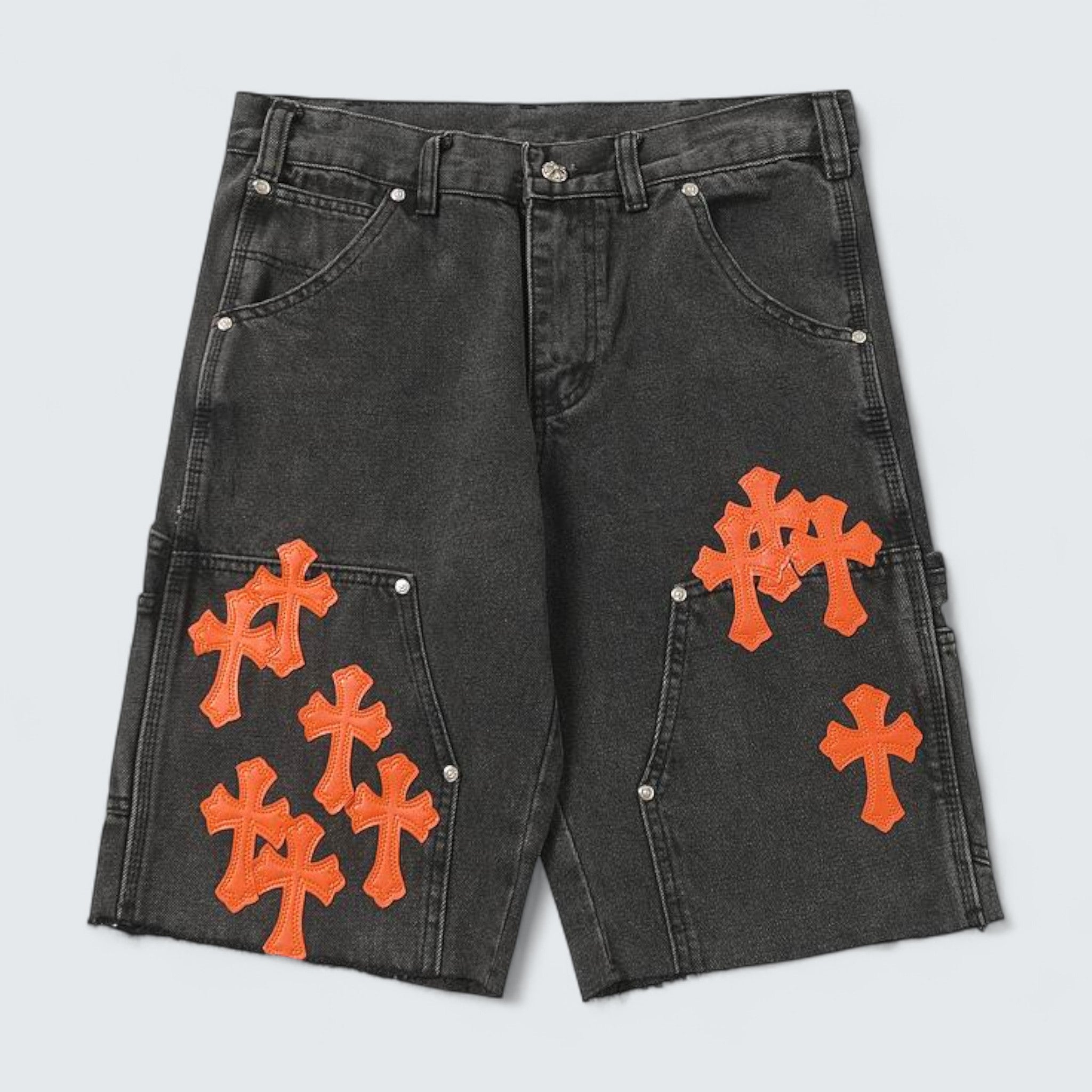 Orange Cross Patch Denim Shorts