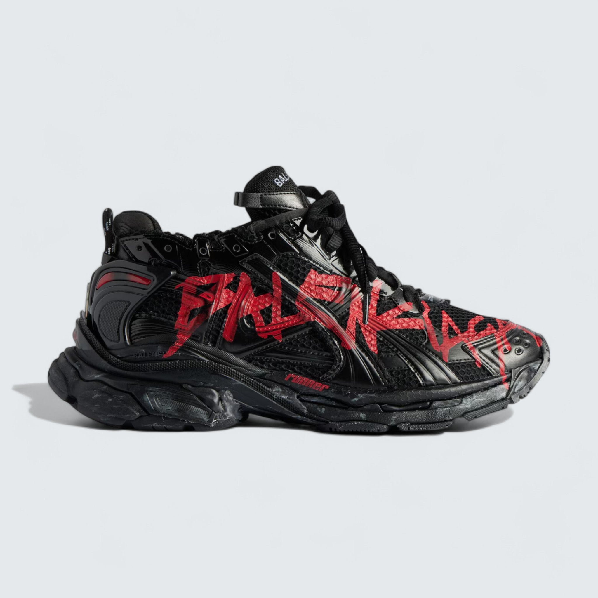 Runner Graffiti Sneaker in Black and Red Mesh and Nylon