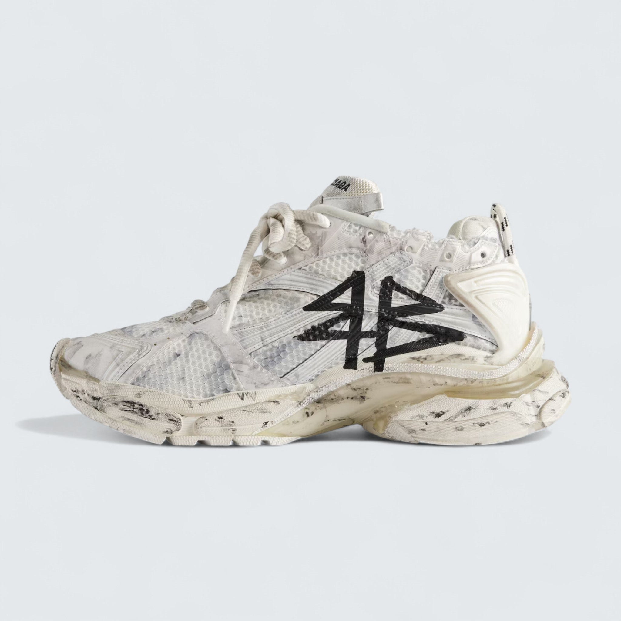 Runner Graffiti Sneaker in White and Black Mesh and Nylon