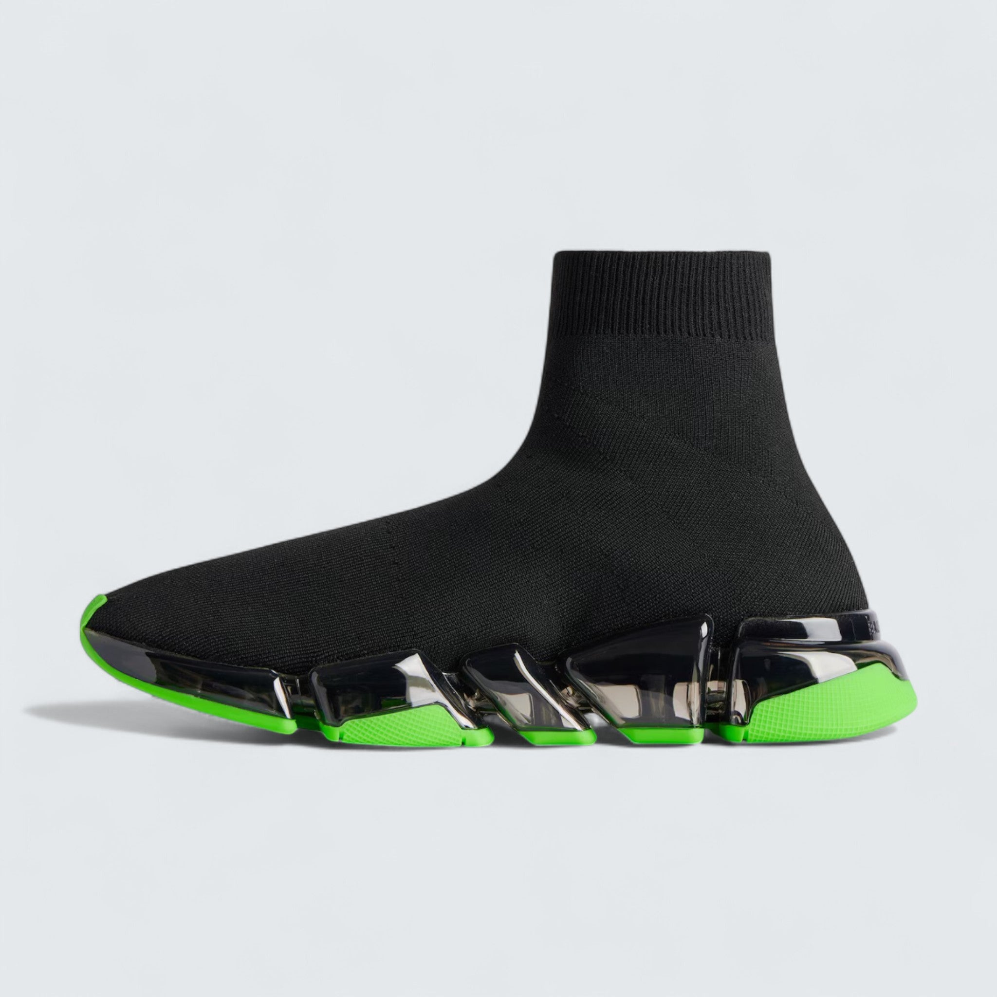 Speed 2.0 Full Clear Sole Sneaker in Black and Neon Green Recycled Knit