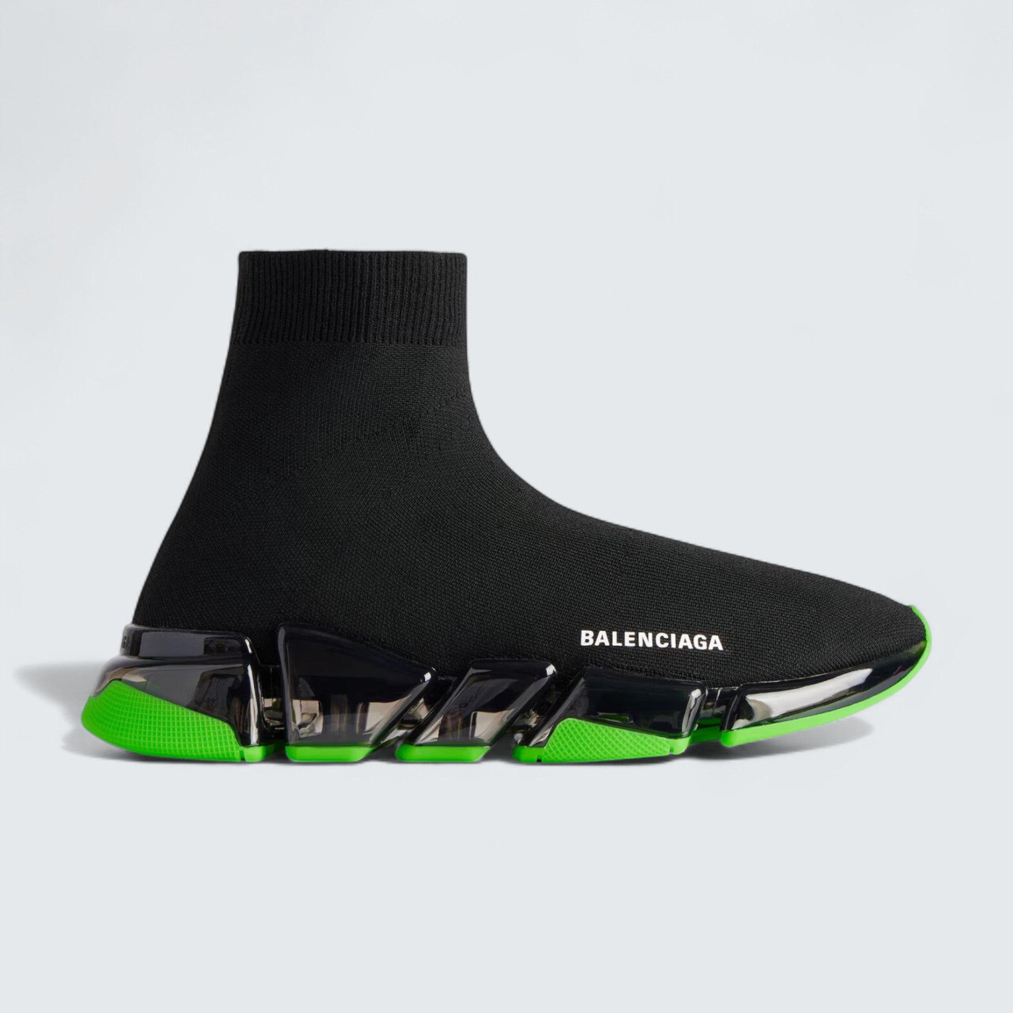 Speed 2.0 Full Clear Sole Sneaker in Black and Neon Green Recycled Knit