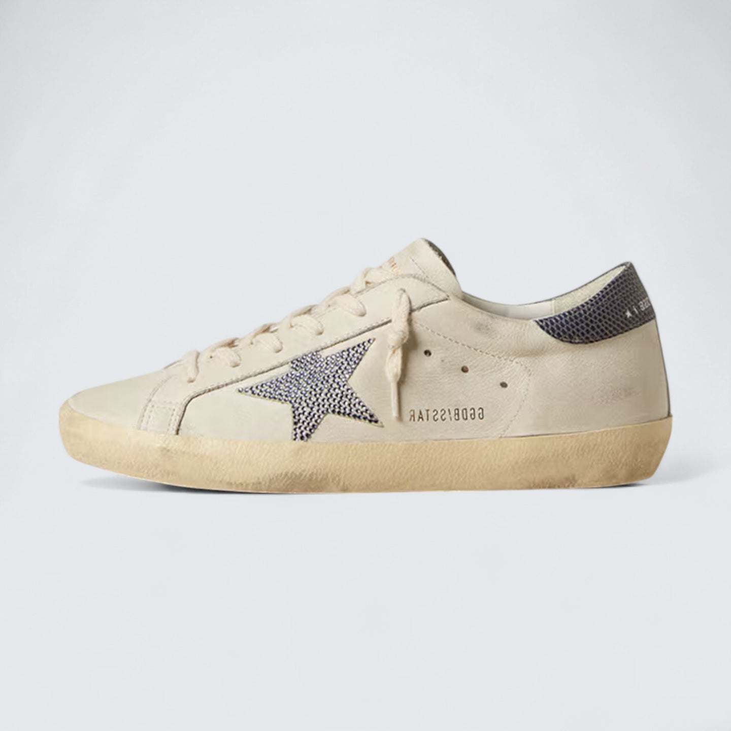 Super-Star LTD 'Cream-White Leather with Swarovski Crystal Star and Blue Lizard-Print Heel Tab'