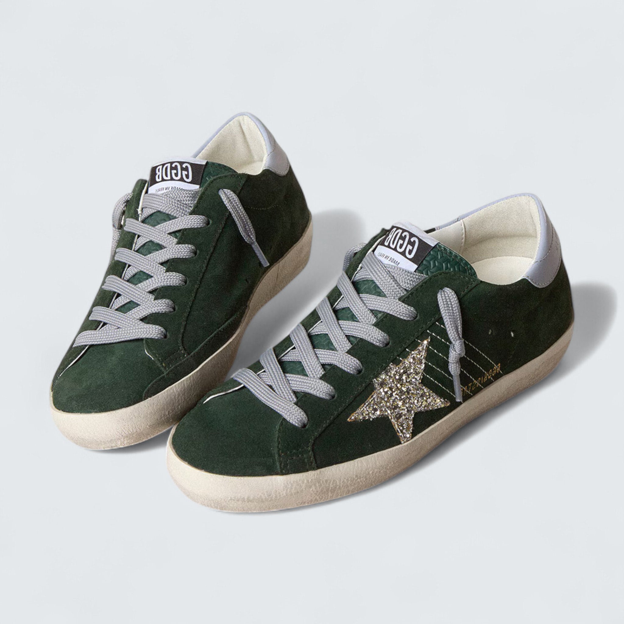 Super-Star 'Green Suede with Silver Glitter Star and Leather Heel Tab'