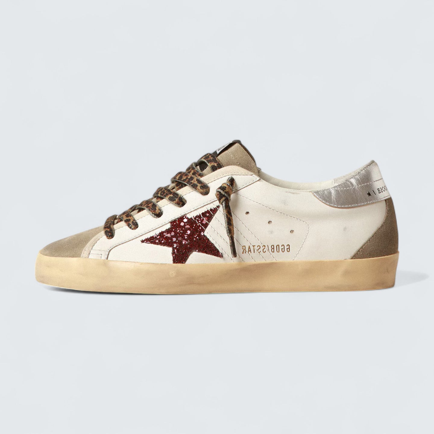 Super-Star 'White Leather with Burgundy Glitter Star and Silver Laminated Leather Heel Tab'