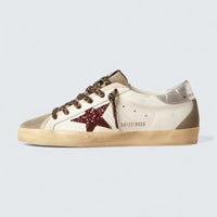 Super-Star 'White Leather with Burgundy Glitter Star and Silver Laminated Leather Heel Tab'