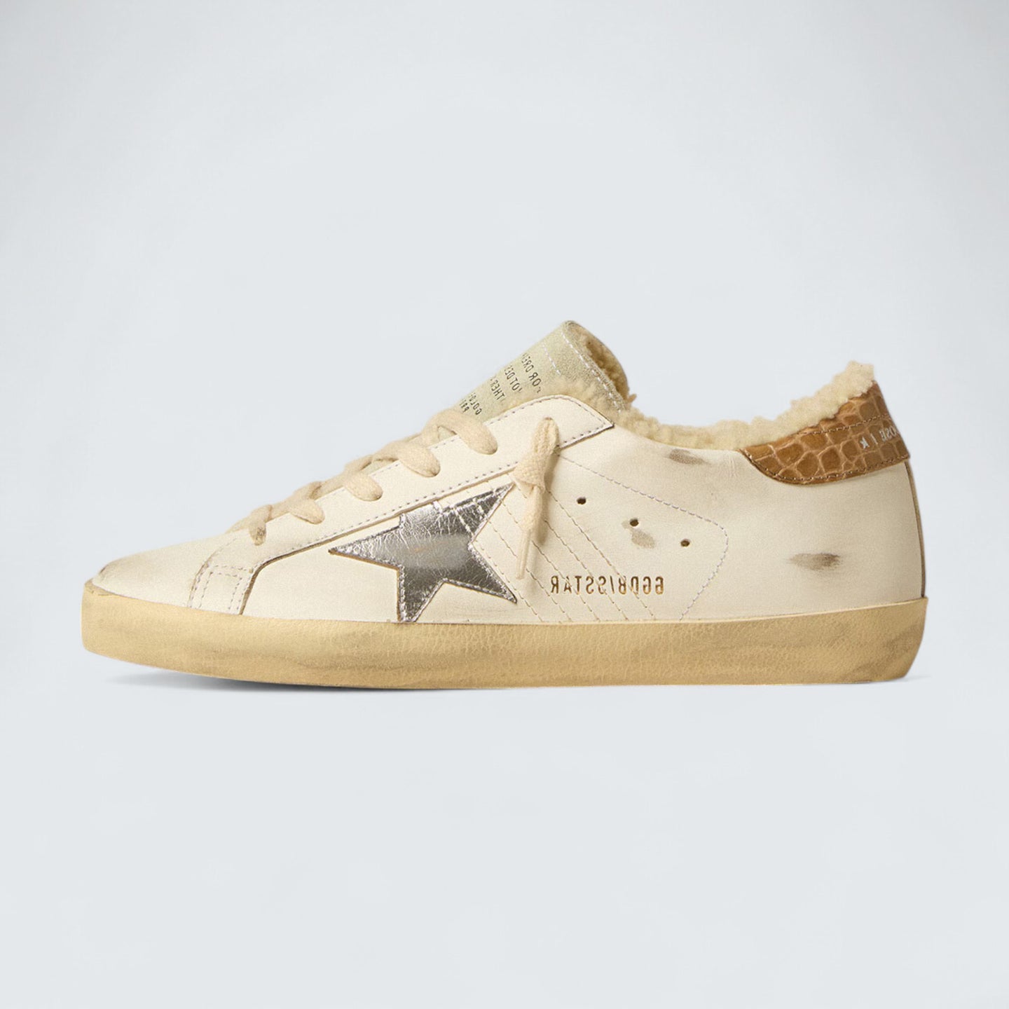 Super-Star 'White Leather with Silver Leather Star and Crocodile-Print Leather Heel Tab'