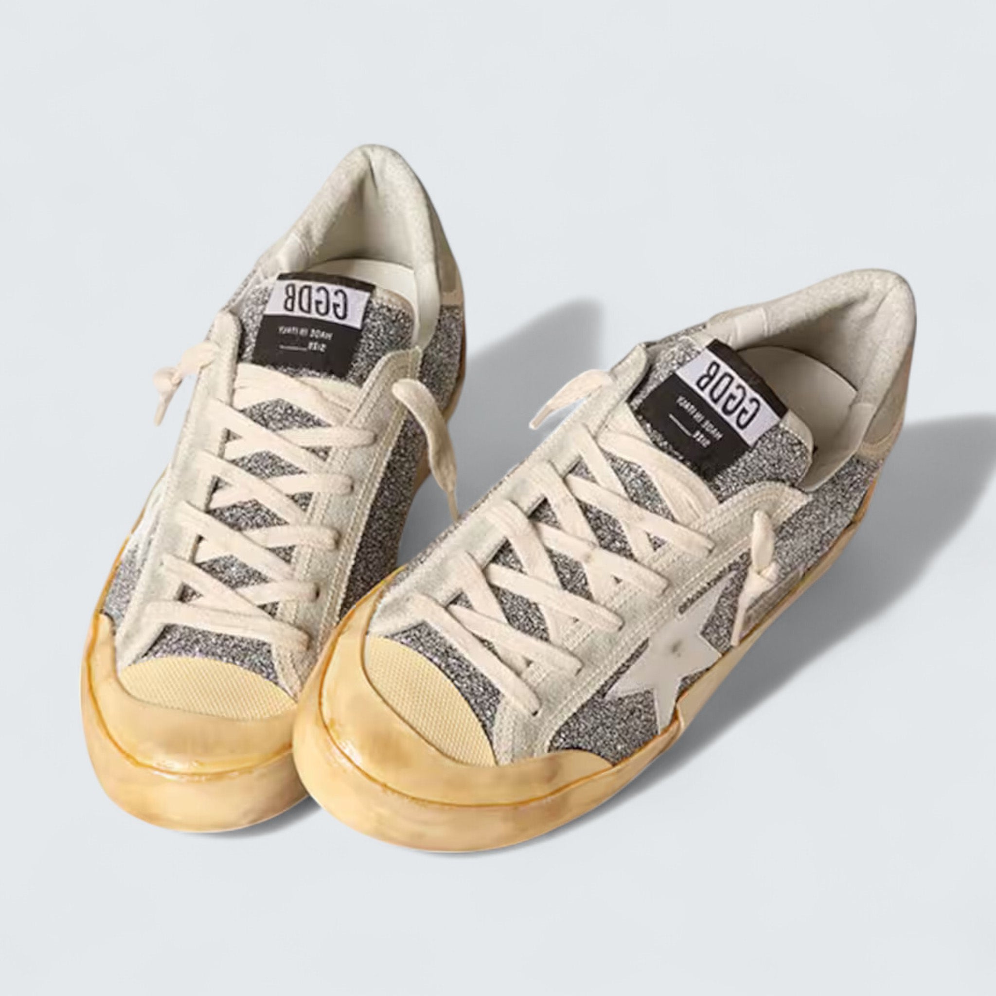 Super-Star LAB 'Silver Swarovski Glitter with White Leather Star and Cream Suede Heel Tab'