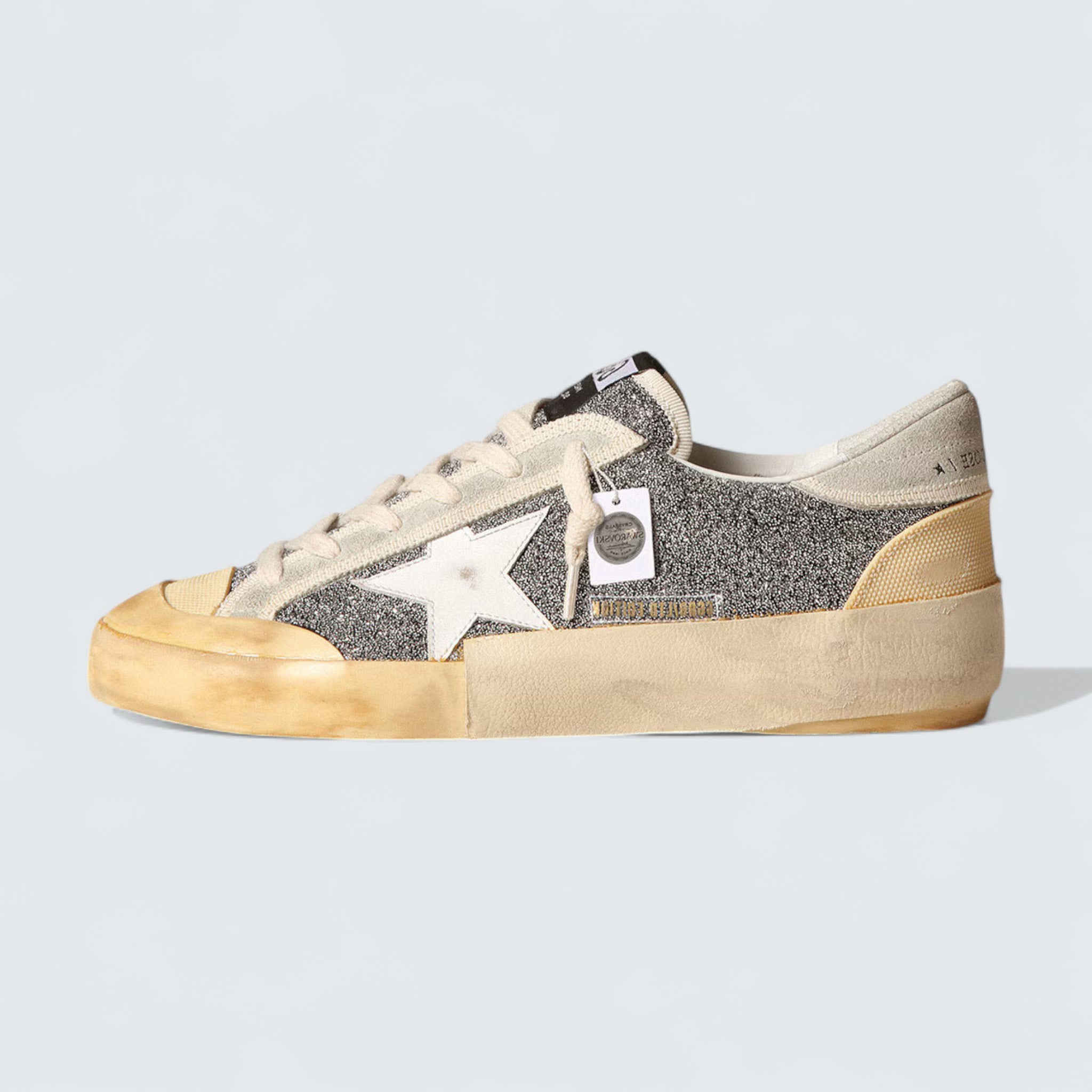 Super-Star LAB 'Silver Swarovski Glitter with White Leather Star and Cream Suede Heel Tab'
