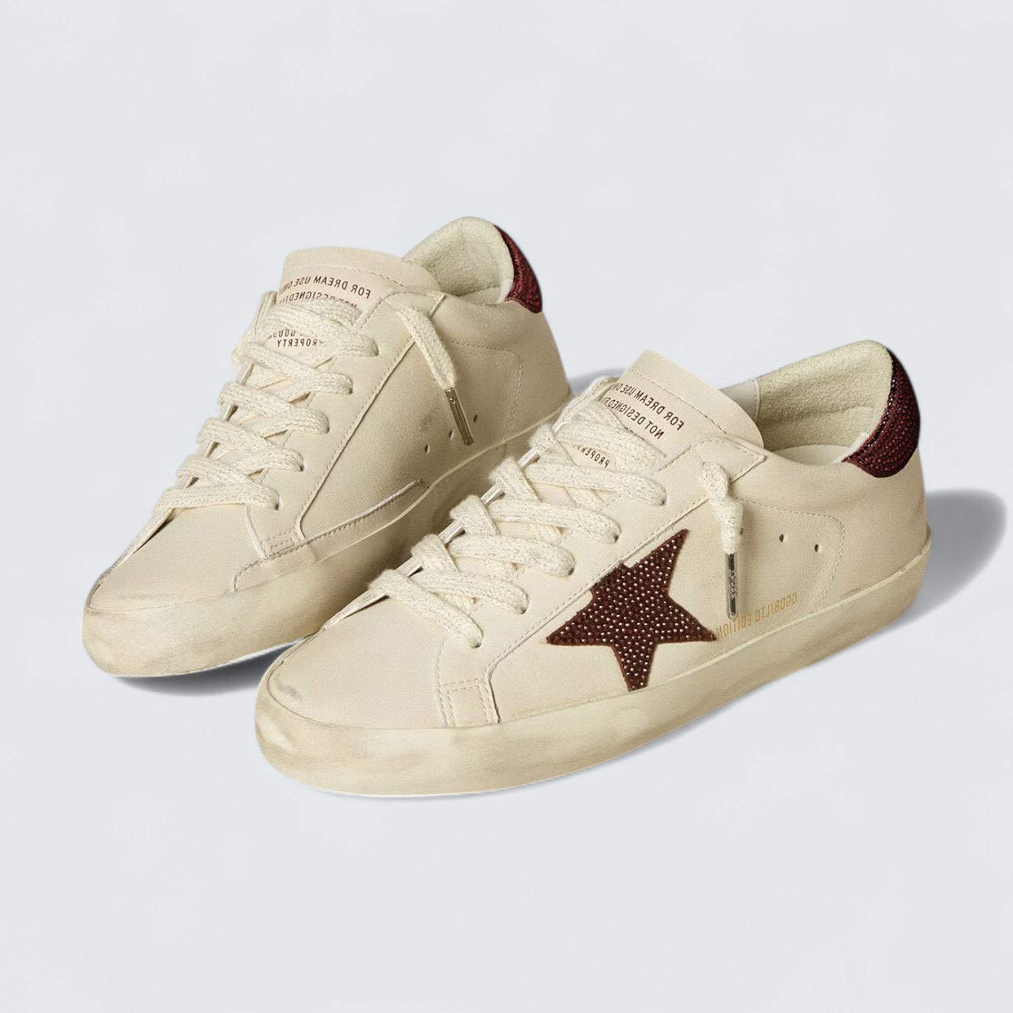 Super-Star LTD 'White Leather with Burgundy Suede Star and Heel Tab with Pink Swarovski Crystals'