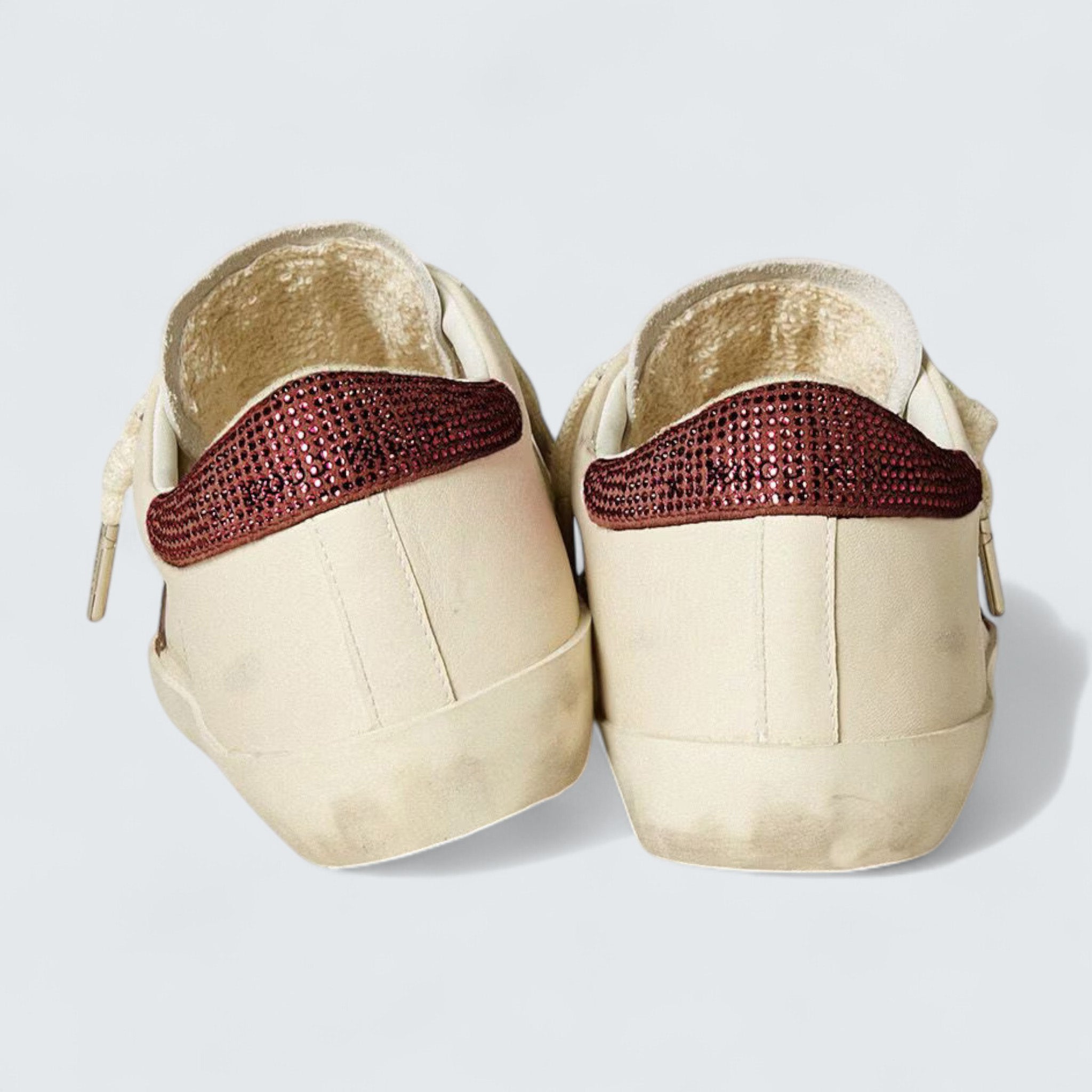 Super-Star LTD 'White Leather with Burgundy Suede Star and Heel Tab with Pink Swarovski Crystals'