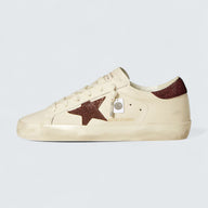 Super-Star LTD 'White Leather with Burgundy Suede Star and Heel Tab with Pink Swarovski Crystals'