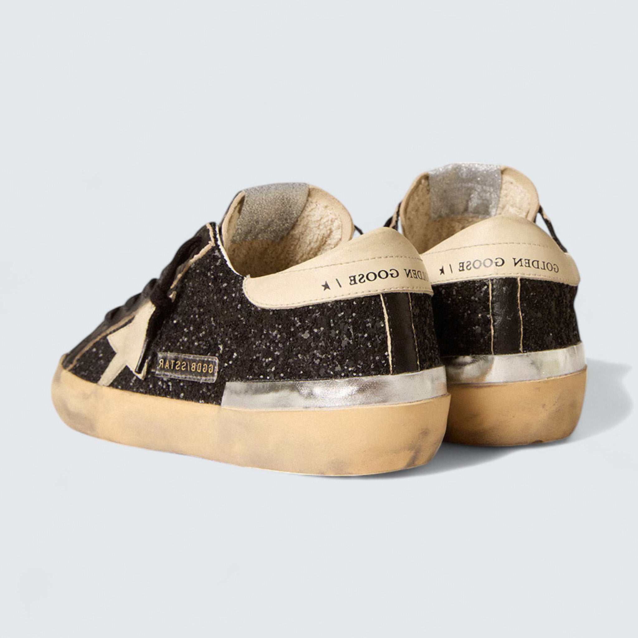 Super-Star 'Black Glitter and Nappa with Cream Leather Star and Heel Tab'