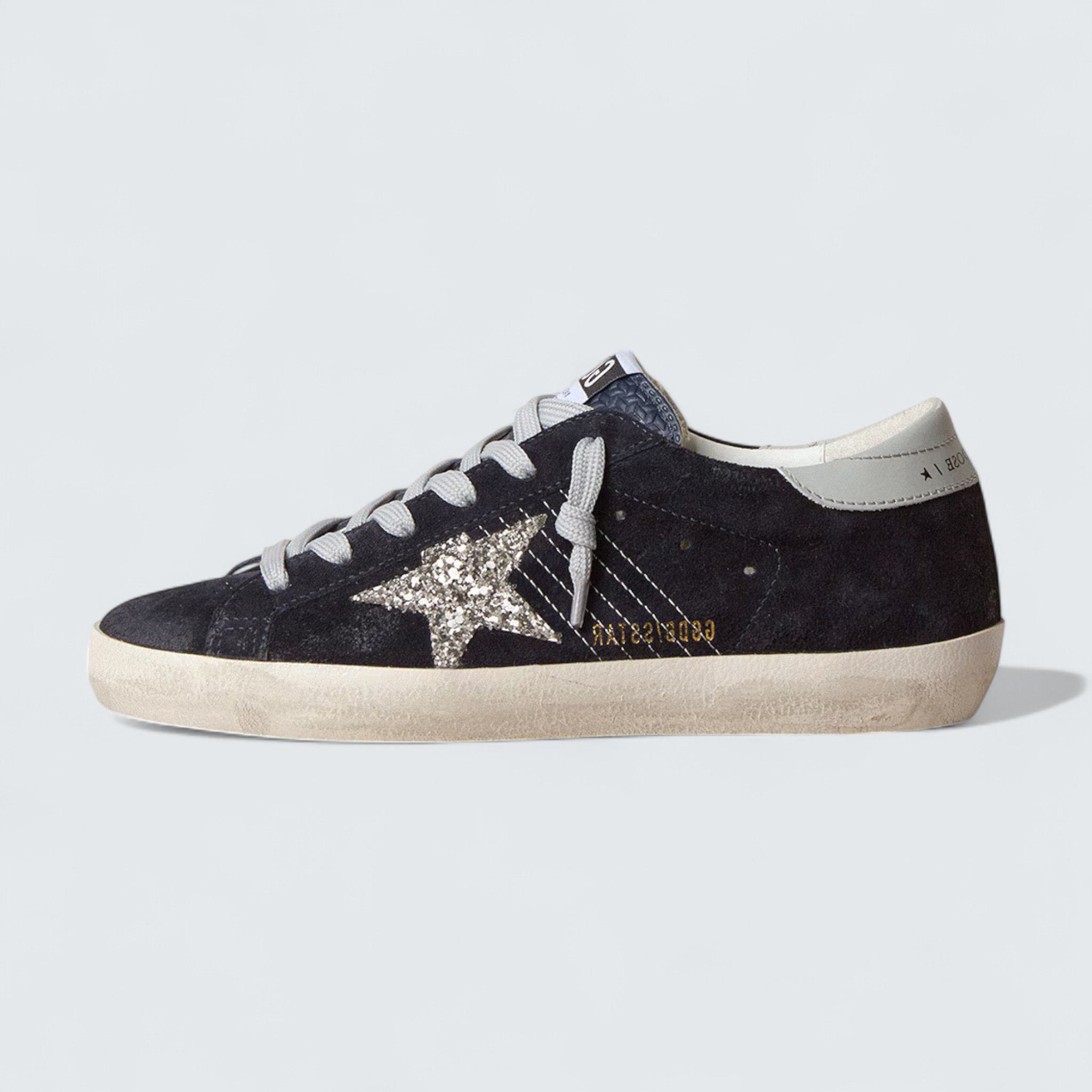 Super-Star 'Midnight Blue Suede with Silver Glitter Star and Ice-Gray Leather Heel Tab'