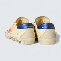 Super-Star 'White Nappa Leather with Red Suede Star and Blue Metallic Leather Heel Tab'