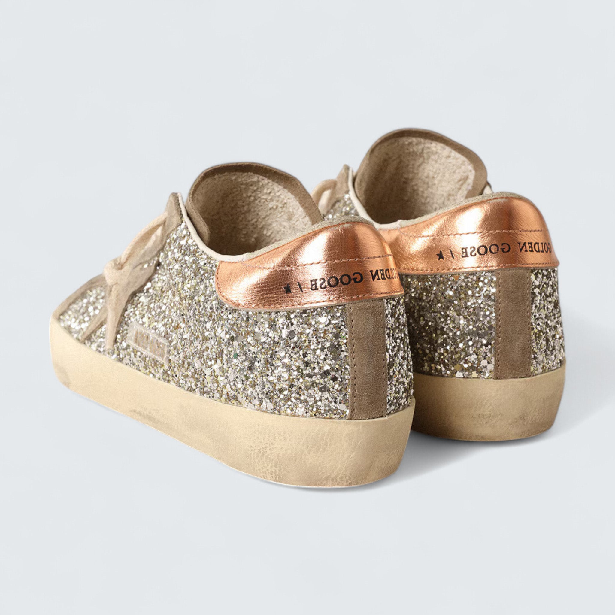 Super-Star 'Platinum Glitter with Dove-Gray Suede Star and Peach-Pink Metallic Leather Heel Tab'