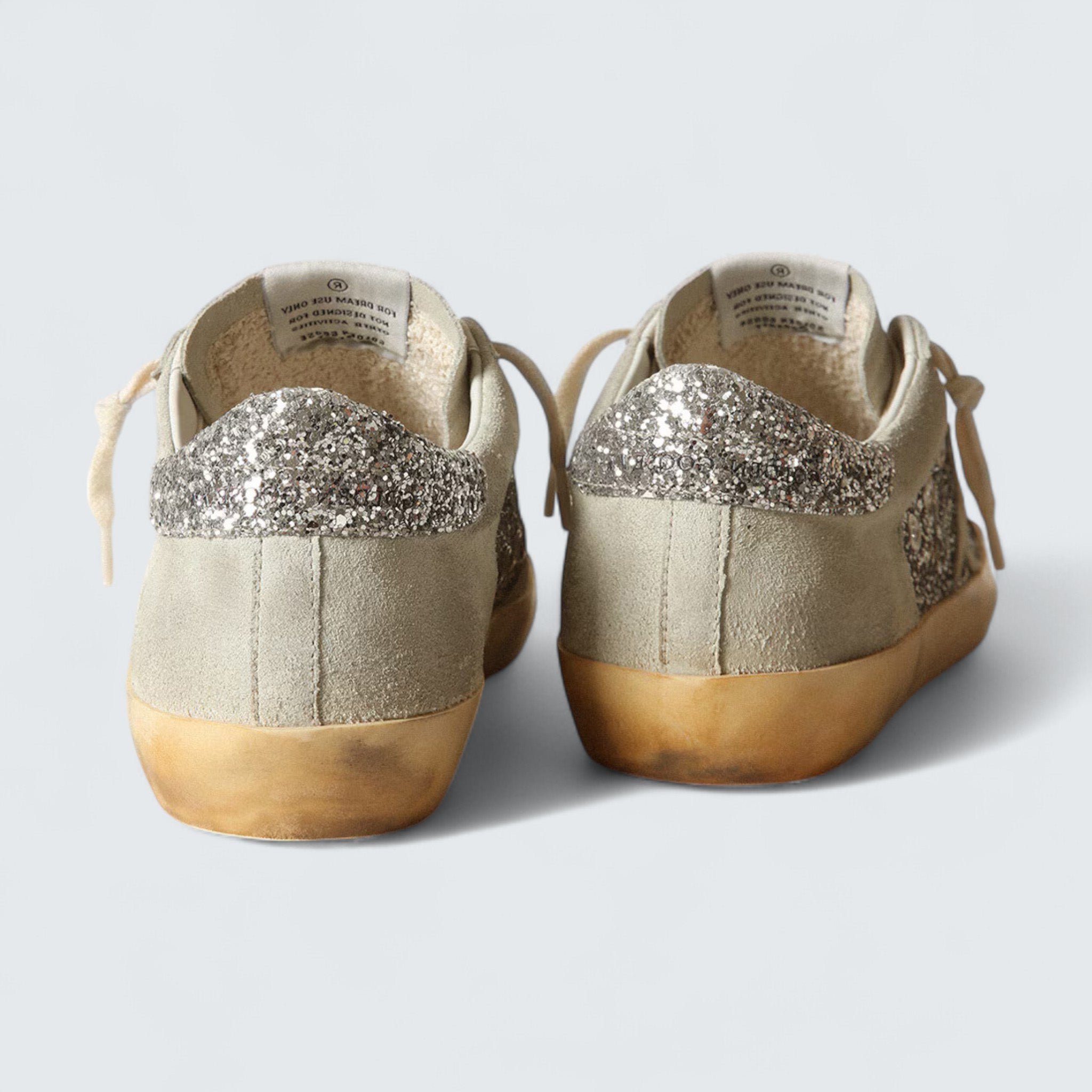 Super-Star 'Ice-Gray Suede with Silver Glitter Panels and Silver Glitter Heel Tab'