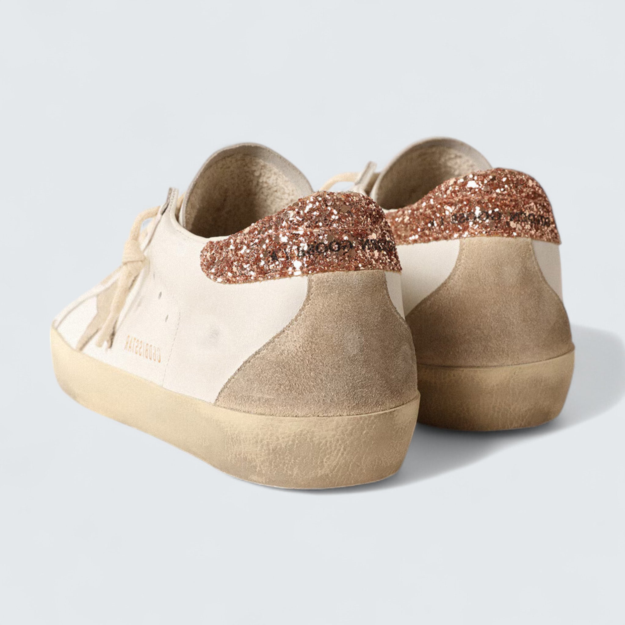 Super-Star 'Beige Suede Star and Peach-Pink Glitter Heel Tab'