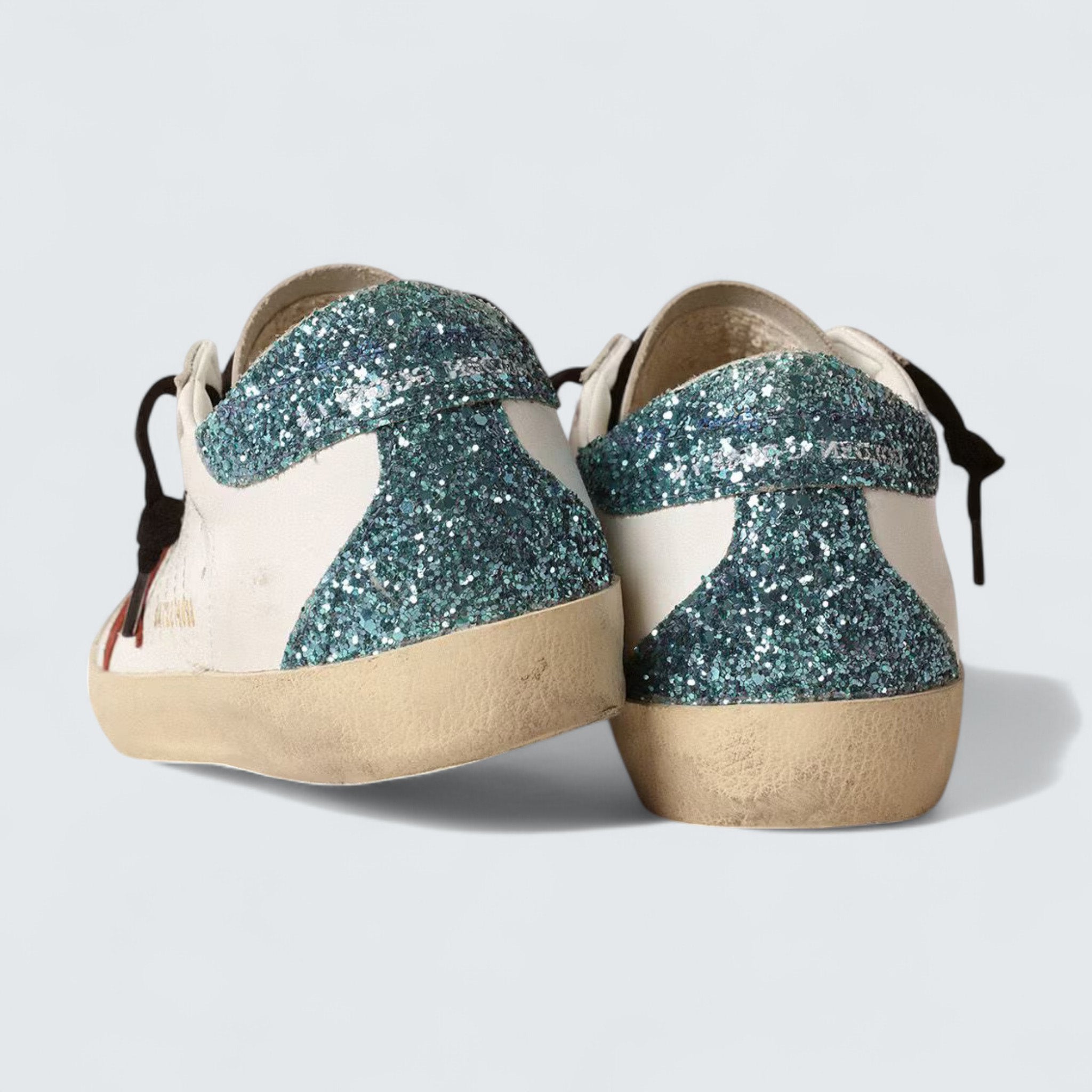 Super-Star 'White Leather with Burgundy Suede Star and Light Blue Glitter Heel Tab'