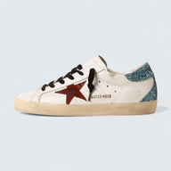 Super-Star 'White Leather with Burgundy Suede Star and Light Blue Glitter Heel Tab'