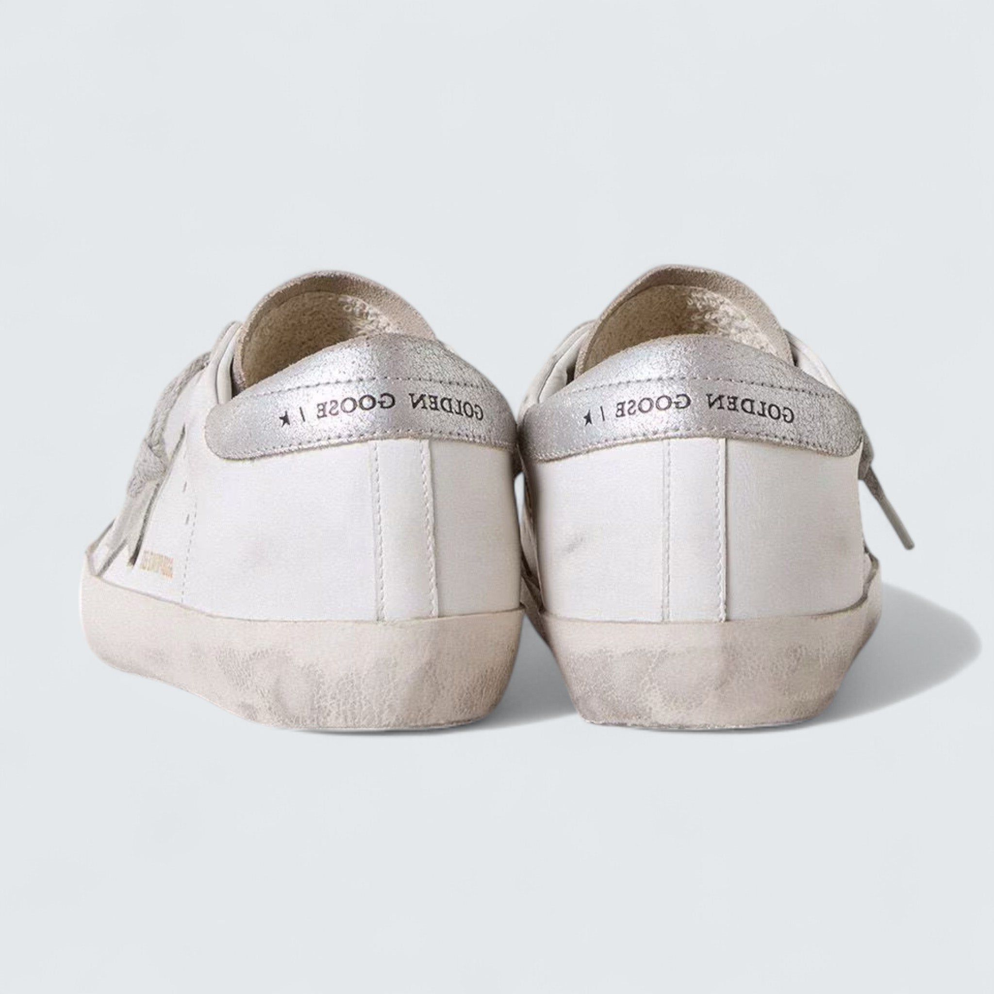 Super-Star 'White Suede with Gray Suede Star and Silver Glitter Heel Tab'