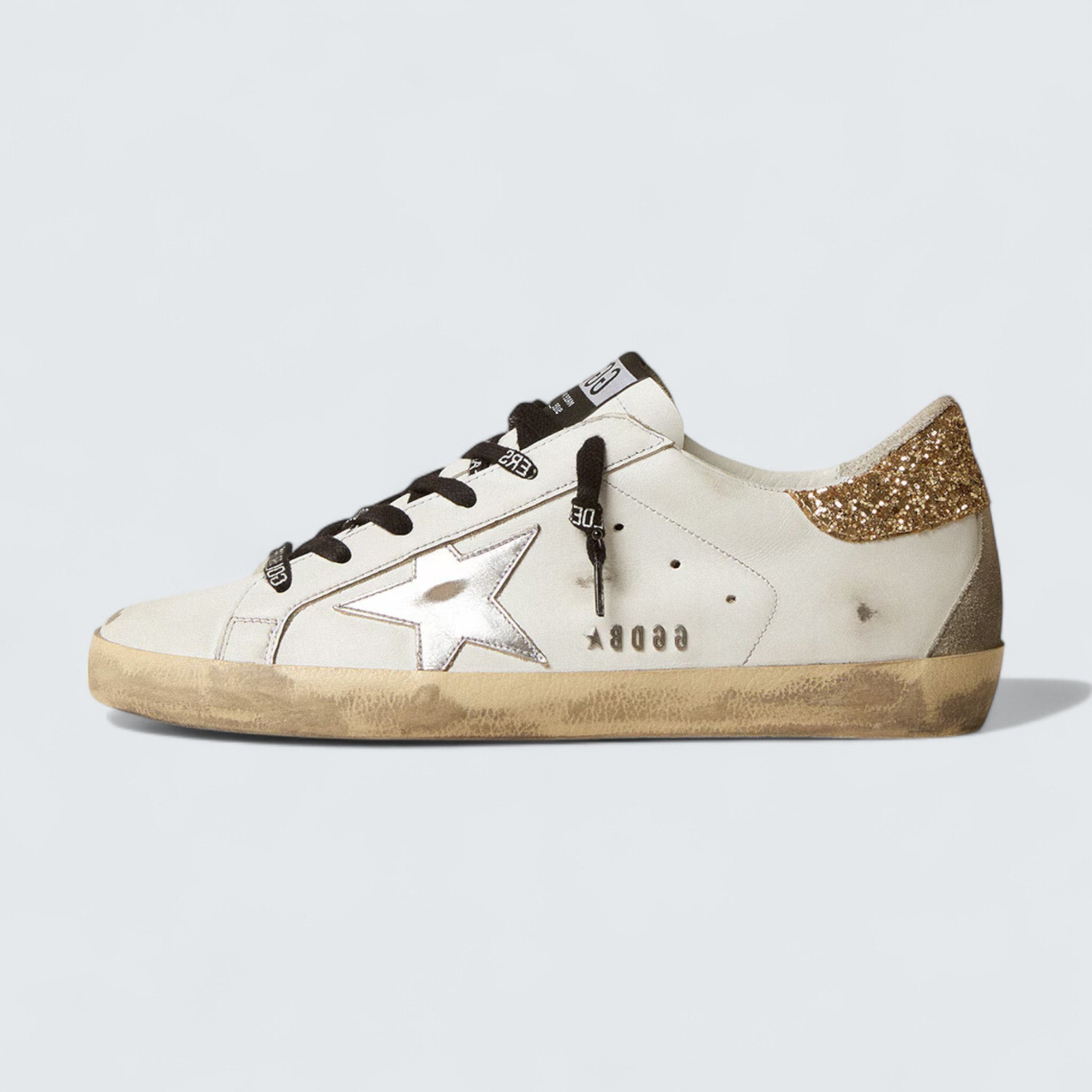 Super-Star 'White Leather with Gold Glitter Heel Tab'