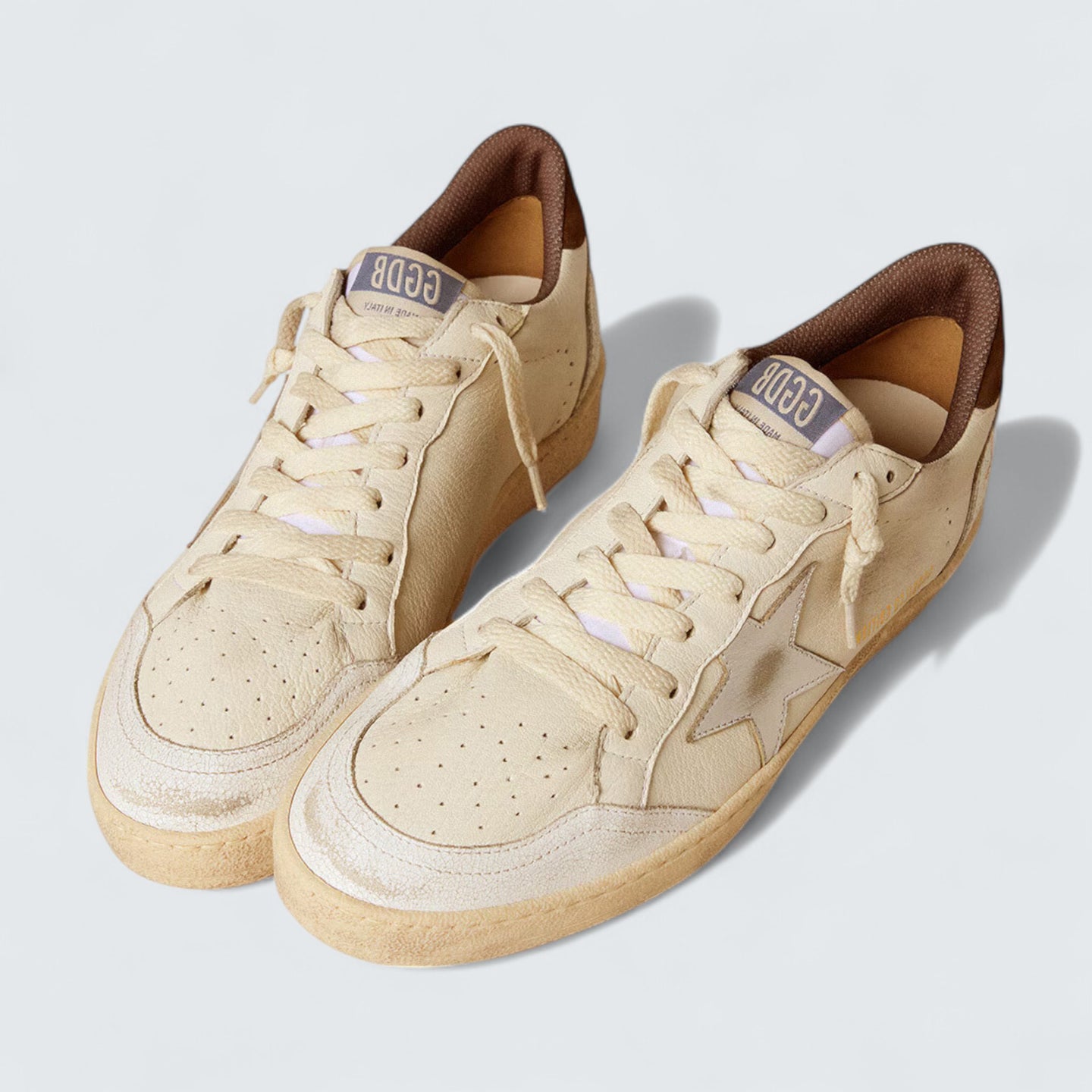 Ball Star LTD 'White Nappa Leather with Silver Metallic Leather Star and Brown Suede Heel Tab'