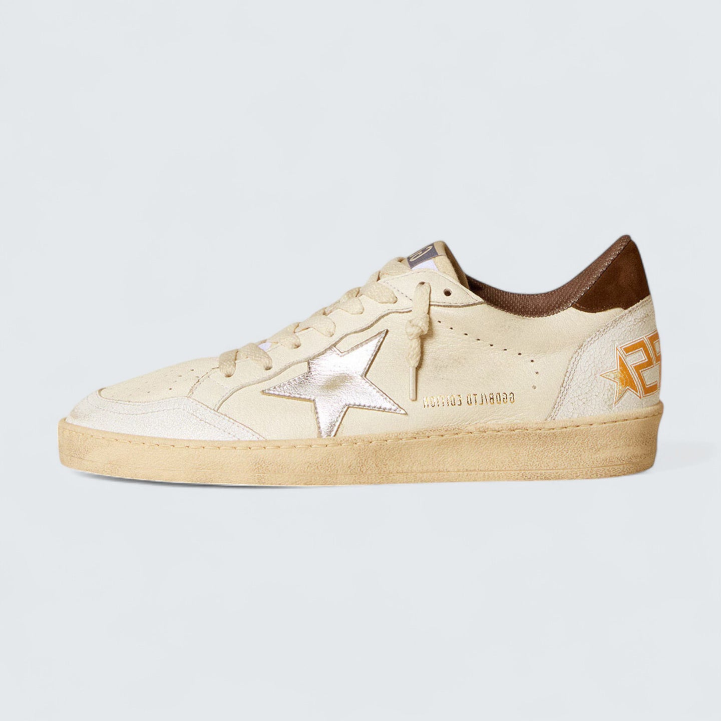 Ball Star LTD 'White Nappa Leather with Silver Metallic Leather Star and Brown Suede Heel Tab'