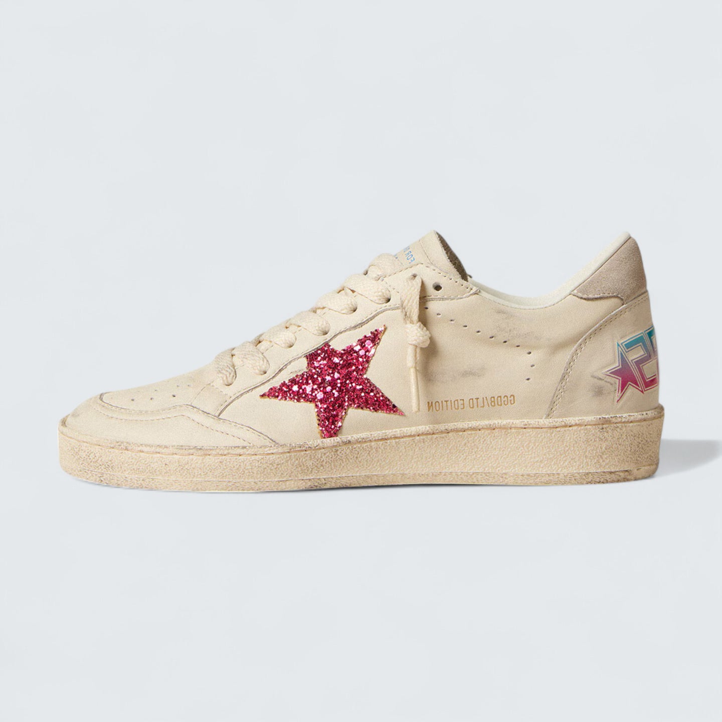 Ball Star LTD 'Worn White Leather with Fuchsia Glitter Star and Light Gray Suede Heel Tab'