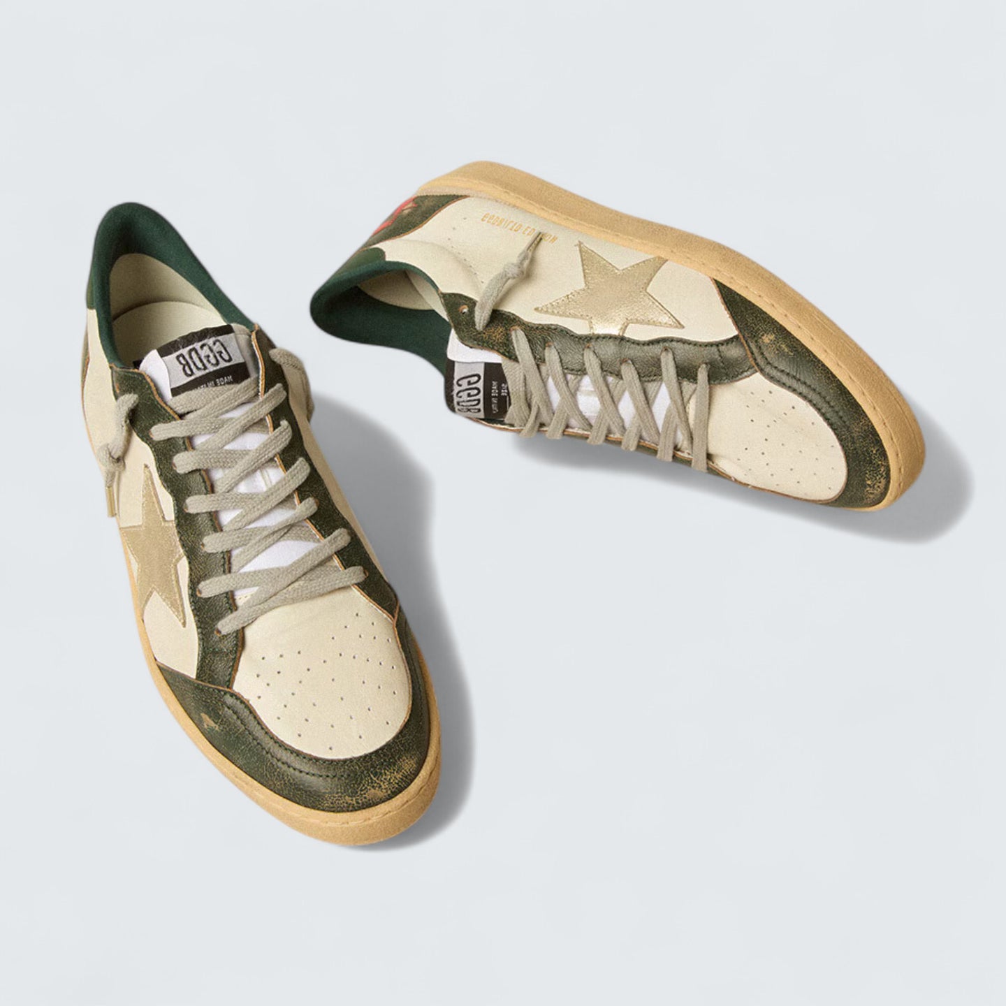 Ball Star LTD 'Off-White Leather with Platinum Metallic Leather Star and Dark Green Leather Heel Tab'