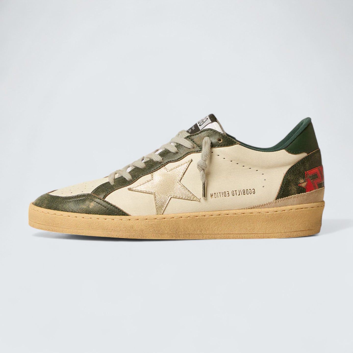 Ball Star LTD 'Off-White Leather with Platinum Metallic Leather Star and Dark Green Leather Heel Tab'