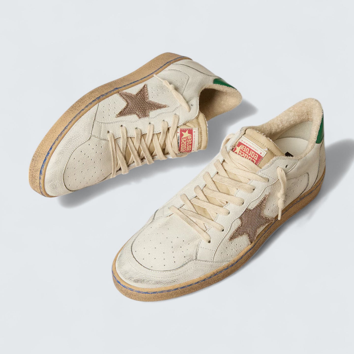Ball Star LTD 'White Vintage-Effect Leather with Sand Mesh Star and Green Leather Heel Tab'