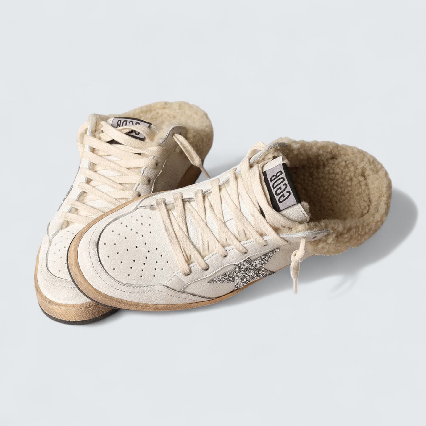 Ball Star Sabot 'White Nappa with Silver Glitter Star and Shearling Lining'