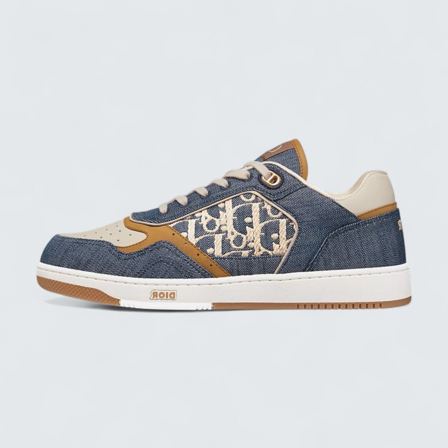 B27 Uptown Low-Top Sneaker ’Blue Denim with Beige and Cognac Smooth Calfskin and Blue and Beige Raffia-Effect Dior Oblique Denim’
