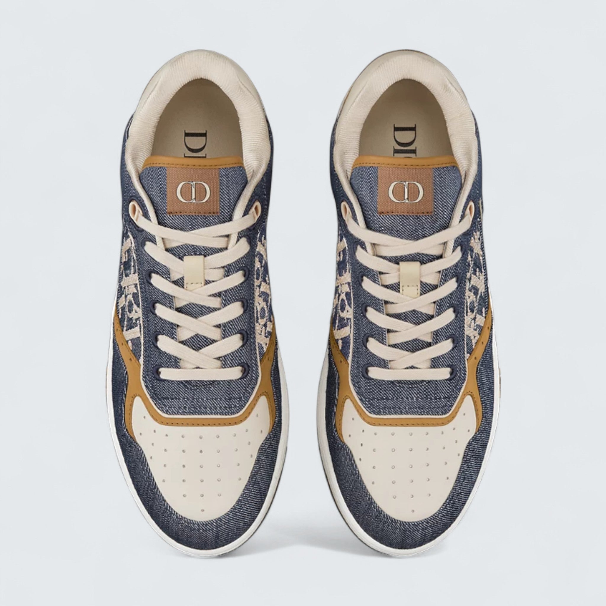 B27 Uptown Low-Top Sneaker ’Blue Denim with Beige and Cognac Smooth Calfskin and Blue and Beige Raffia-Effect Dior Oblique Denim’