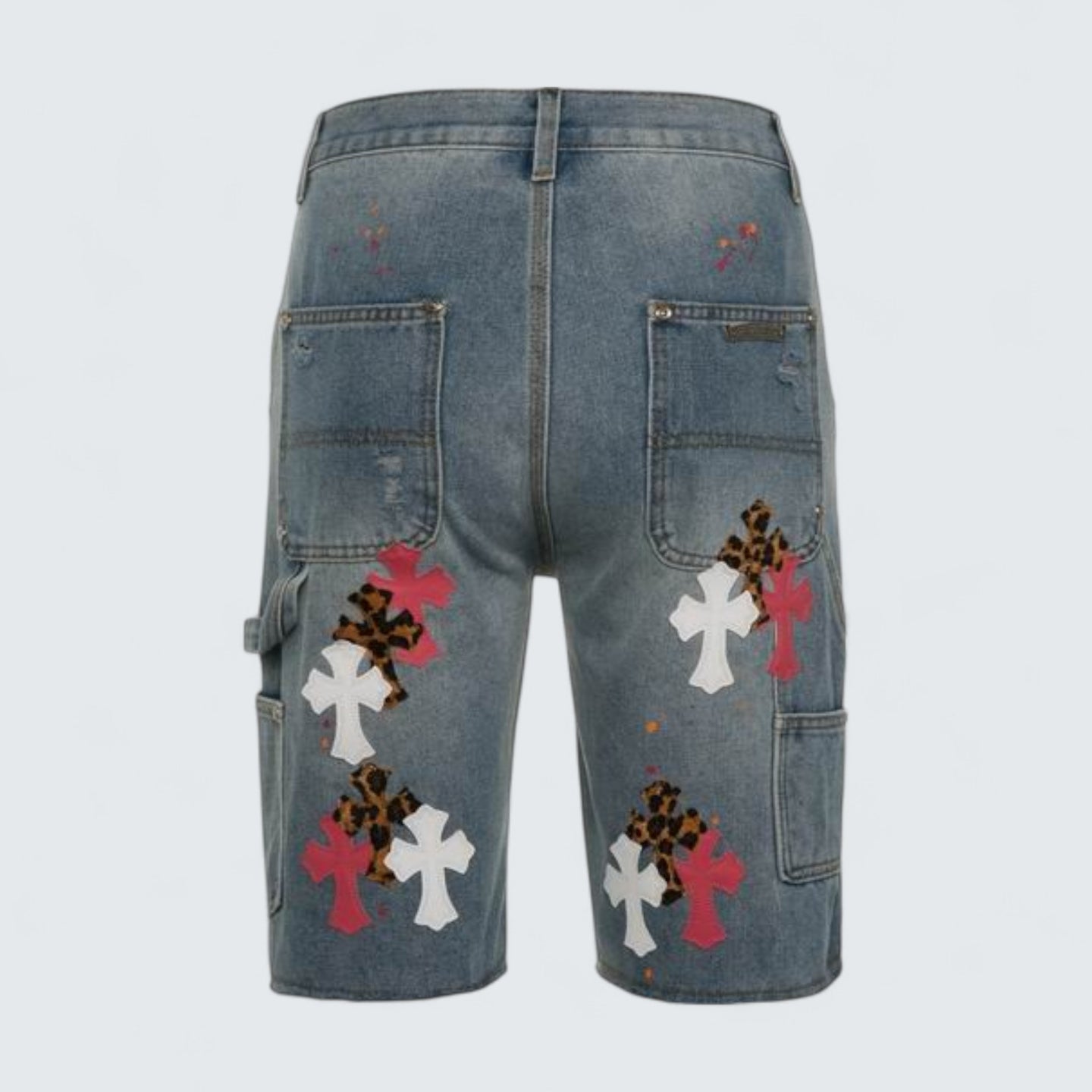 Leopard Multi Cross Patch Denim Shorts