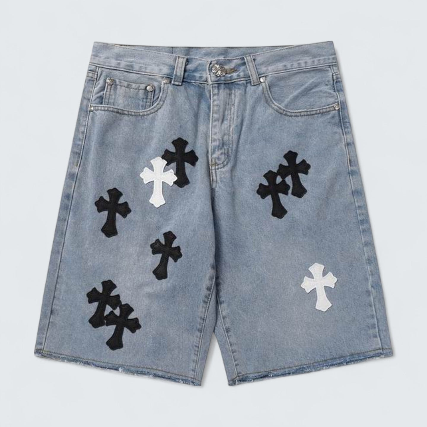 Black & White Cross Patch Denim Shorts