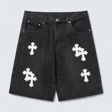 White Cross Patch Denim Shorts