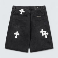 White Cross Patch Denim Shorts
