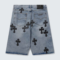 Multi Cross Patch Denim Shorts