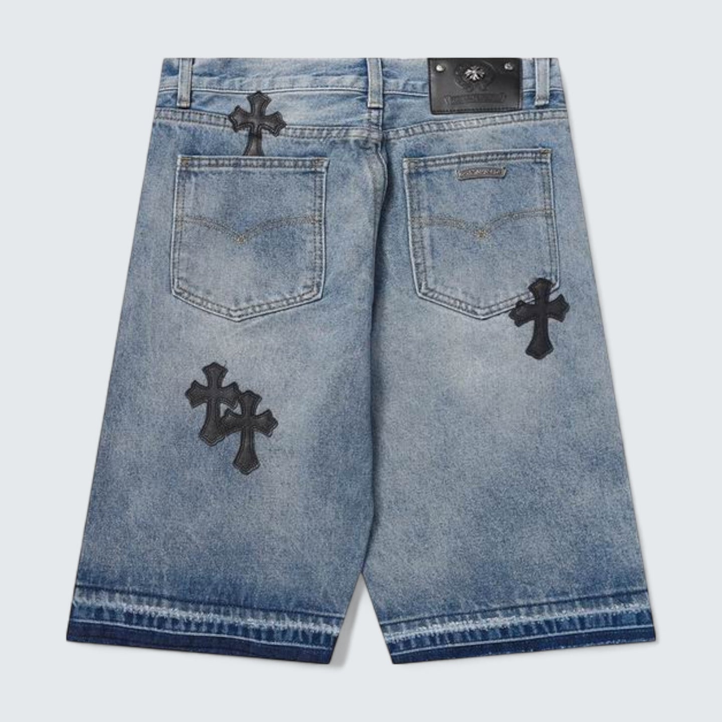 Washed Hem Cross Patch Denim Shorts