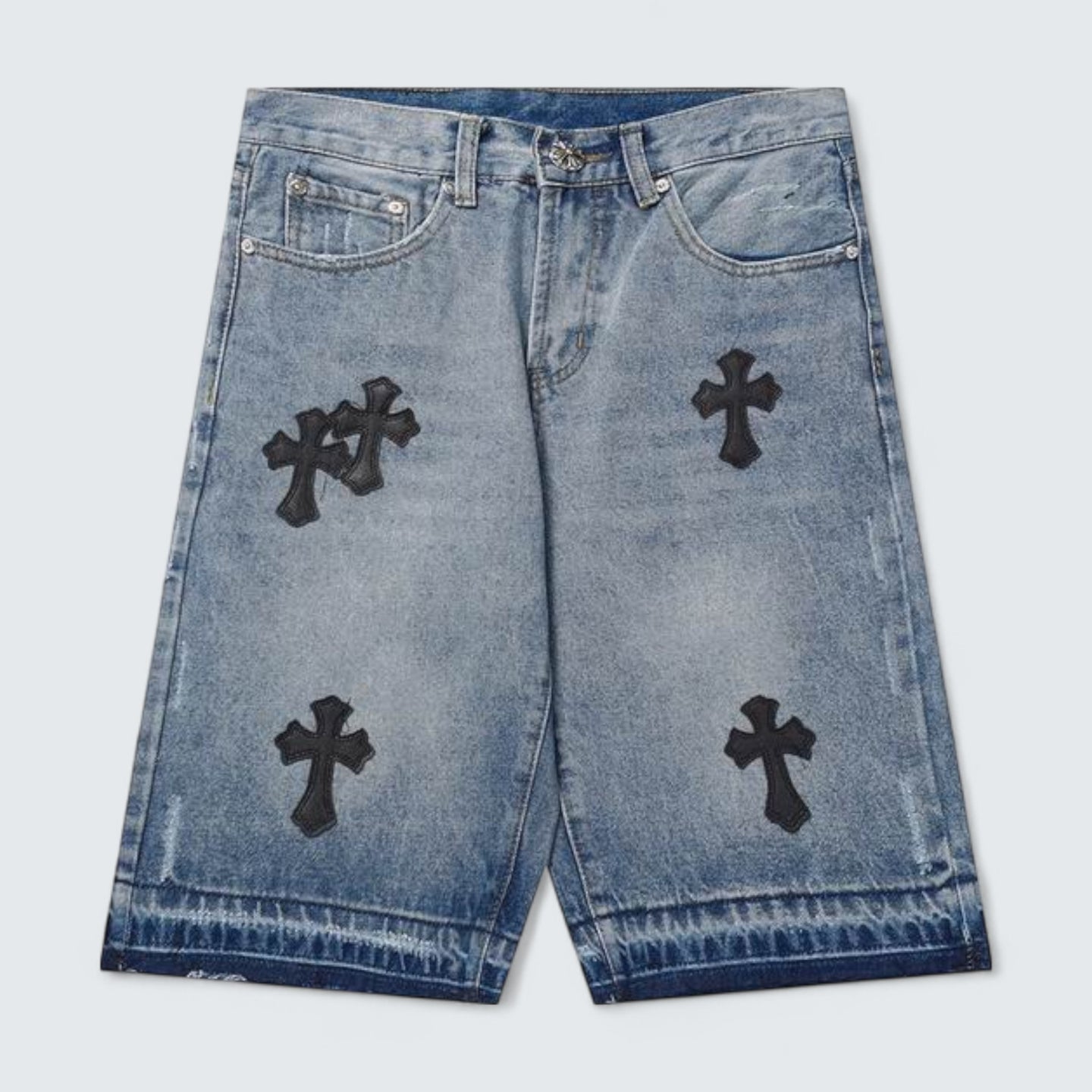 Washed Hem Cross Patch Denim Shorts