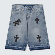 Washed Hem Cross Patch Denim Shorts