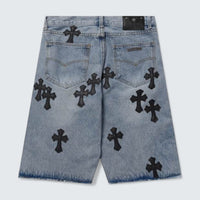 Light Wash Cross Patch Denim Shorts